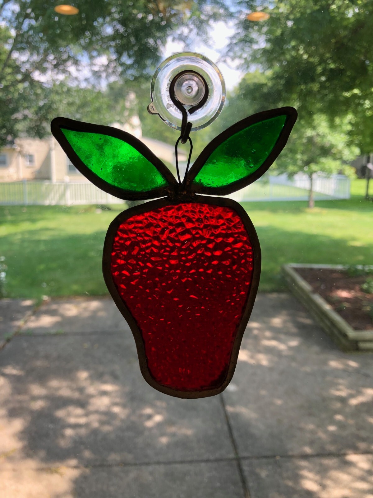 Vintage Lead Stained Glass Suncatcher Large Strawberry with Leaves 5