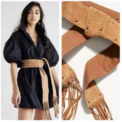 Free People Blaire Suede Fringe Wide Wrap Belt Studded Tie Waist Belt O/S Ochre Free People Suede Tan Blaire Fringe Wrap 3 main image 2