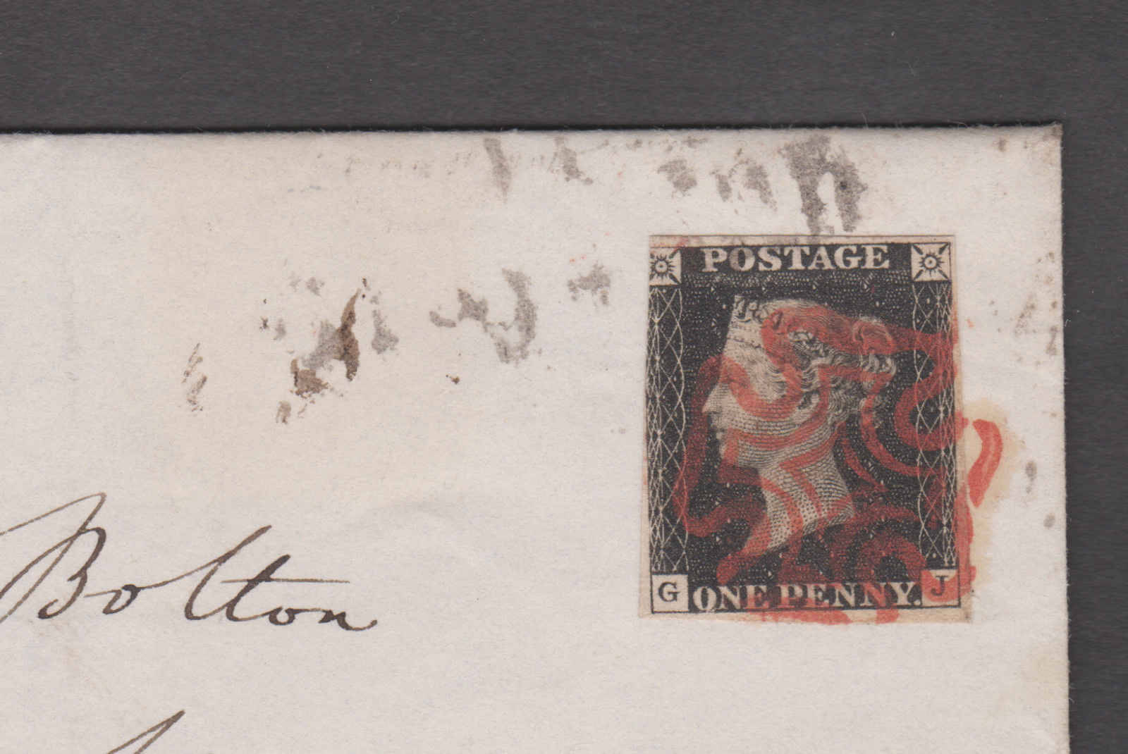 QV GB SG 1 1d Penny Black Plate 7 GJ Cover Lancashire Tied Red Maltese Cross MX