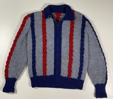 Vintage Cable Knit Zip Up Cardigan Sz Youth M Striped Hand Knit Talon Zipper 70s