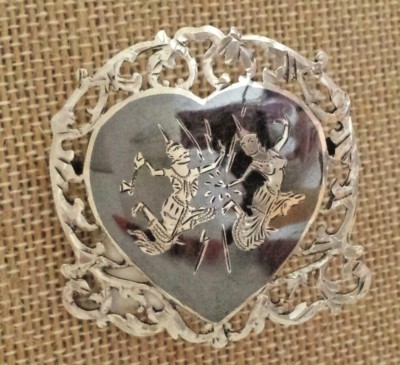 Siamese Brooch Sterling Silver Niello Two Bodhisattva Thai Dancers 1950 2'' H