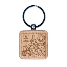 Christmas Morning Room Cat Tree Snowman Stocking Engraved Wood Square Keychain