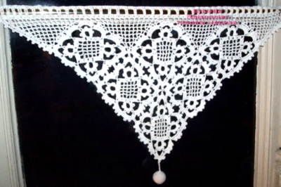 Rideau Brise-bise Crocheté Artisanal Français - Sur Mesure, Blanc Coton, Pompons