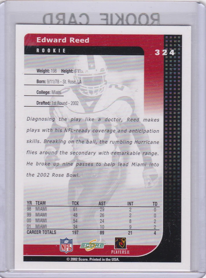 ED REED ROOKIE CARD 2002 Score NFL RC Football RAVENS Edward MIAMI HURRICANES - Image 2 of 2