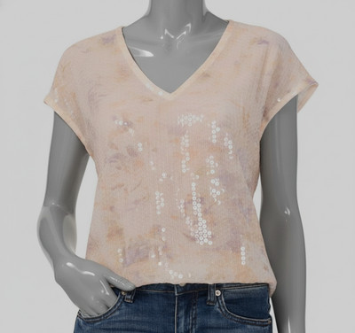 Cece Women's Beige Sequined Floral Print V-Neck Cap-Sleeve Blouse Top Size S