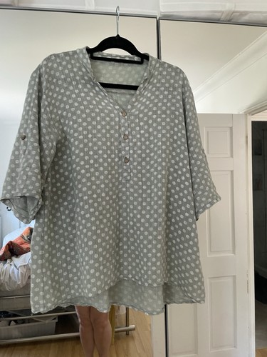 Made In Italy Grey White Spotty Lagenlook Arty Boho Blouse Top One Size 16-20 - Picture 2 of 10