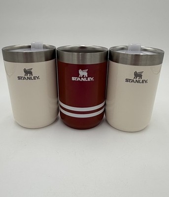 3 Matching Stanley 12 Oz Camp Cups, 2 Lids, I Cup New.  Beautiful Glossy Cream