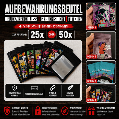50x Druckverschlussbeutel Zip-Mylar-Aufbewahrungsbeutel l 4 verschiedene Designs