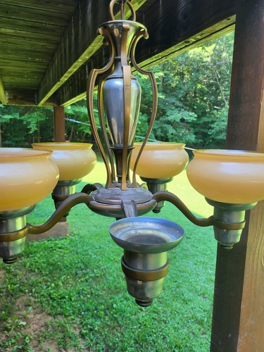 ART DECO 5 Light CHROME & BRASS Ceiling Fixture Double Case Glass Globes - Picture 9 of 22