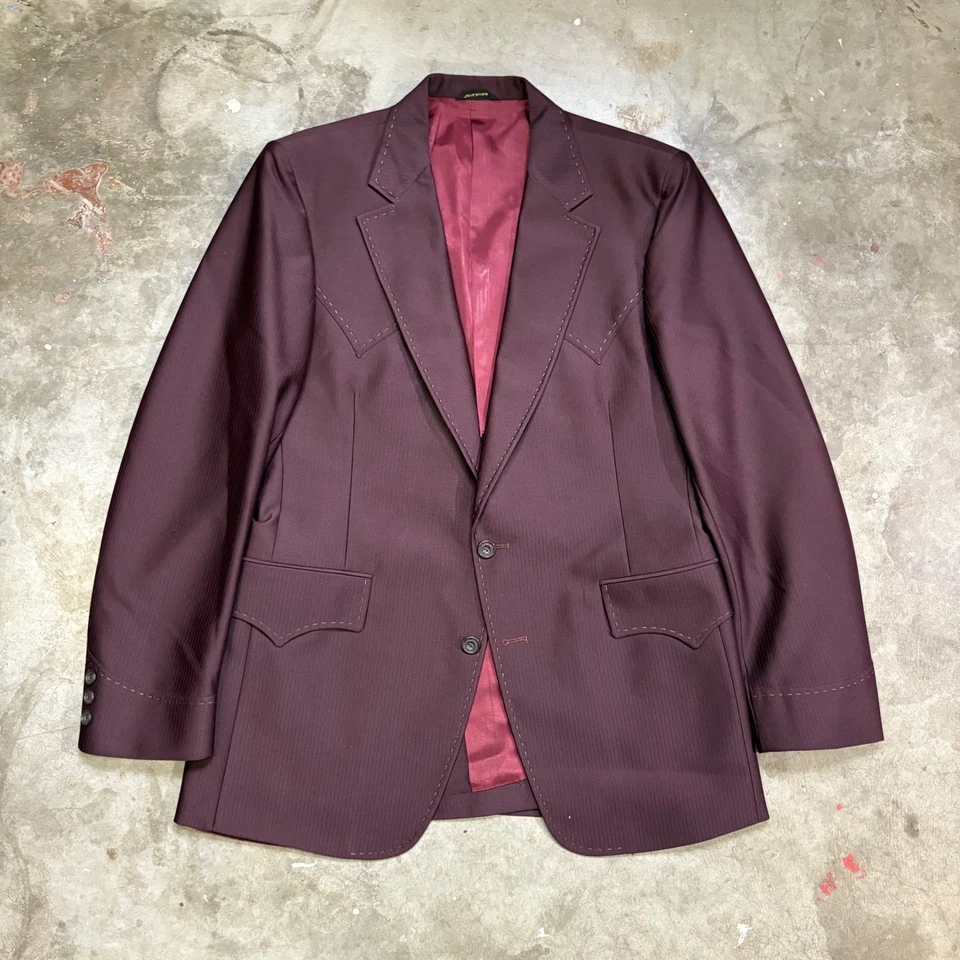 Men H Bar C 3 Piece Suit Burgundy Vest Blazer Pants Ranchwear Vintage 40R 34x33 - Image 2 of 4