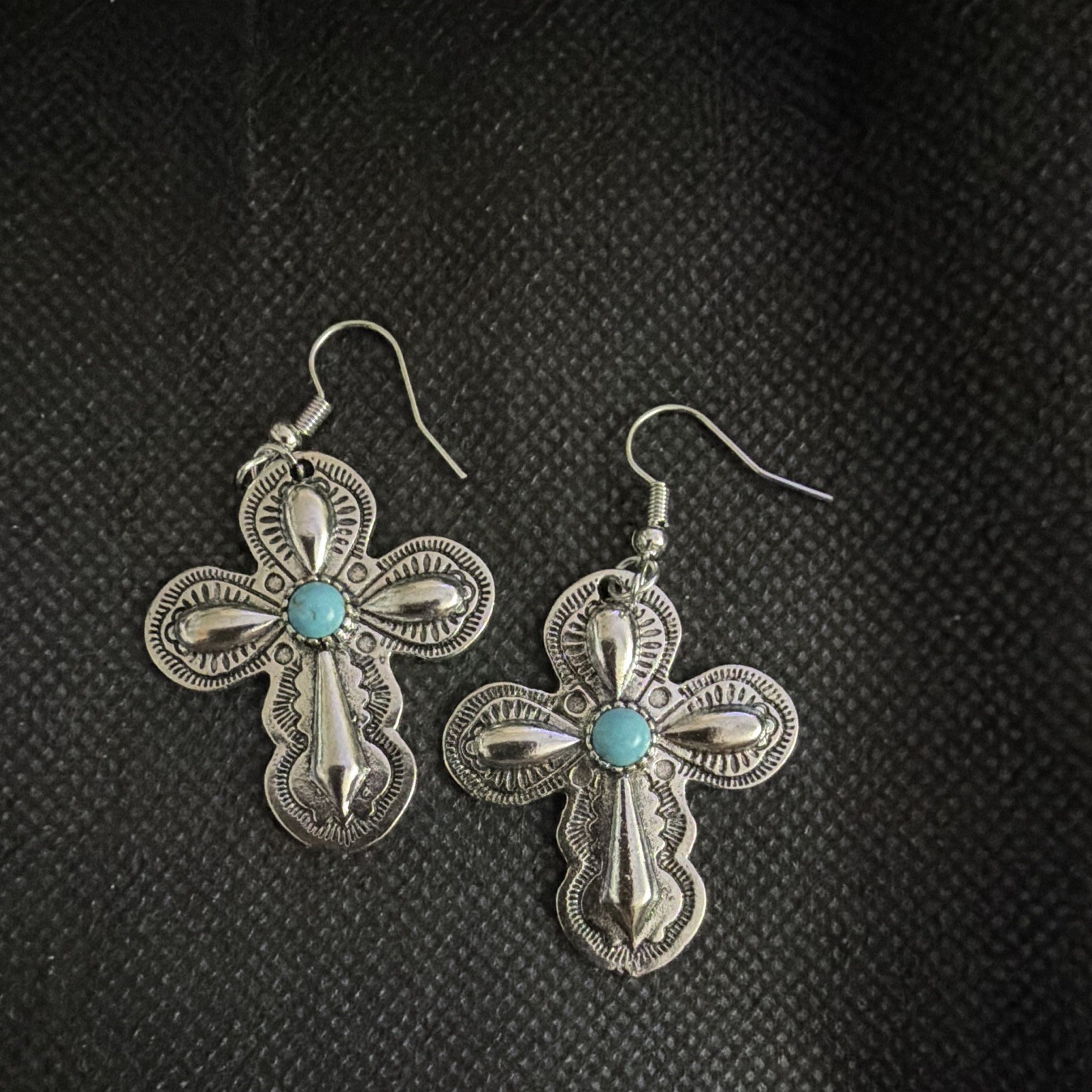 Silver Tone Cross Dangle/Drop Hook Earrings w/ Round Blue Turquoise Stone
