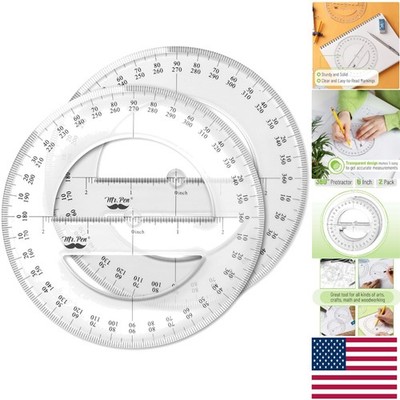 Math Geometry Protractor Set - 2  360-Degree Protractors in Clear Plastic