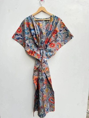 Indisches Vintage 100 % Baumwolle langes Strand Maxi Kaftan Kleid Einheitsgrö...