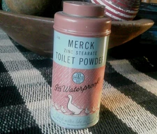 Vintage 5.5" Merck Toilet Powder Tin with contents