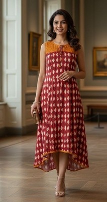 Women's - Benzer Sleeveless Red Printed Kurta Dress, Size 34 (US 2)