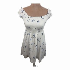 Lulus XS White Blue Dot Smocked Mini Dress Puff Sleeve Cottagecore Rayon