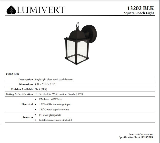 Lumivert Lighting 4 Panel SQUARE COACH LIGHT 13202 BK - Case of 10 - New in Box