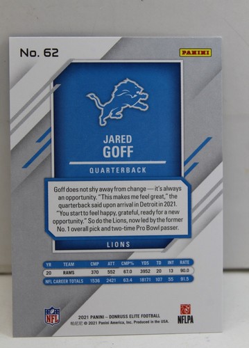 Jared Goff 2021 Donruss Elite Football Silver Refractor Card #62 Detroit Lions - Picture 3 of 3
