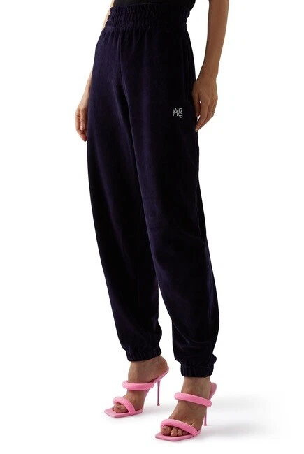 Alexander Wang Hotfix Embellished Logo Velour Joggers Sweatpants After Dark  S