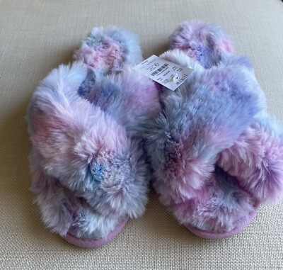 J Crew Pink Blue Plush Faux Fur Fuzzy Criss Cross Slippers Women’s Size 10 