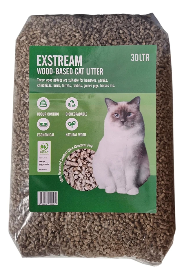 EXSTREAM Katzenstreu Holzpellets saugfähig Kiefer Hygiene Geruchskontrolle klumpfrei 30 Liter
