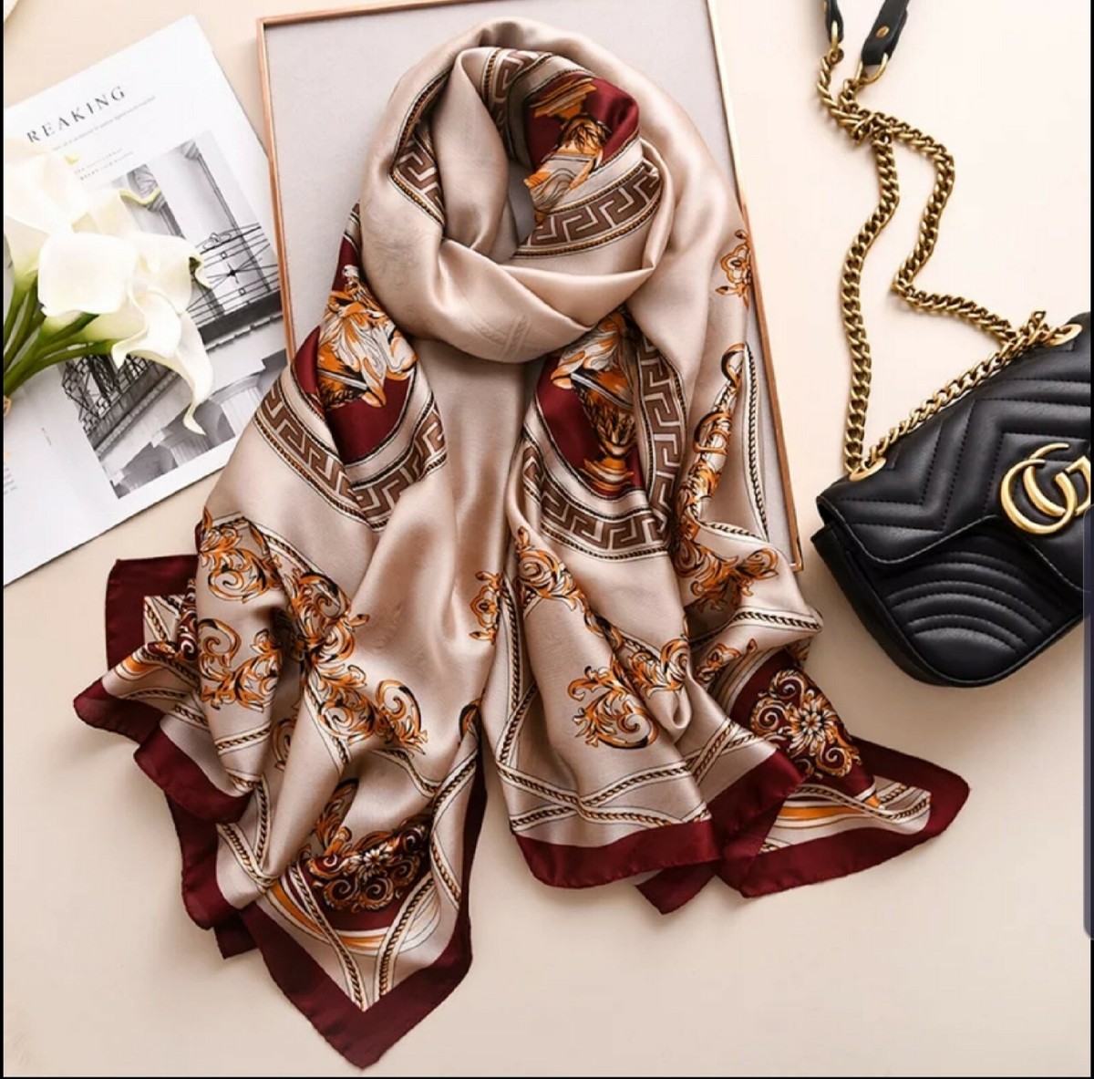 さらに100円引き◆JILLSTUART◆rosella pattern long silk scarf 70