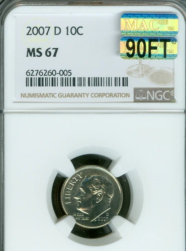 2007 D ROOSEVELT DIME NGC MS67 90FT PQ MAC BUSINESS STRIKE MAC SPOTLESS .