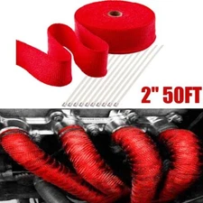 2'' X 50Ft Exhaust Manifold Red Heat Wrap Tape High Heat Fiberglass & 10 Ties