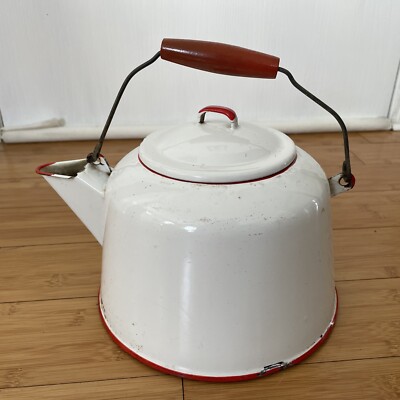 Vintage Enamelware Kettle White w/Red Trim Farmhouse