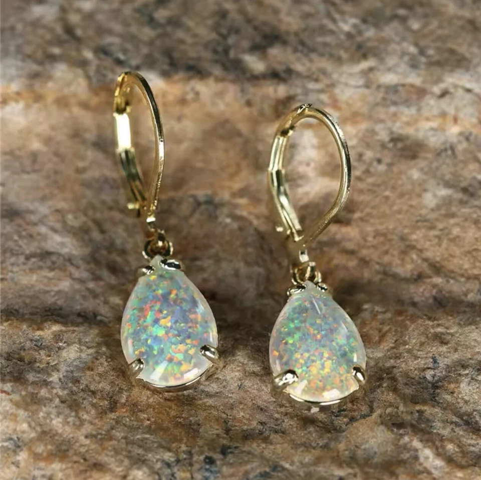 9ct Gold GF Opal White Fire Teardrop  Lever back Earrings FREE BOX (188) - Image 2 of 4