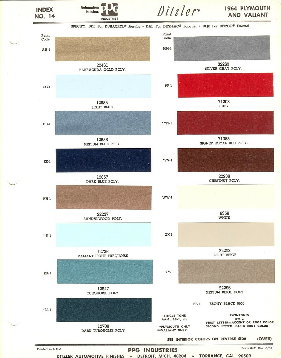 1964 PLYMOUTH FURY BELVEDERE SAVOY VALIANT WAGON PAINT CHIPS SHEET