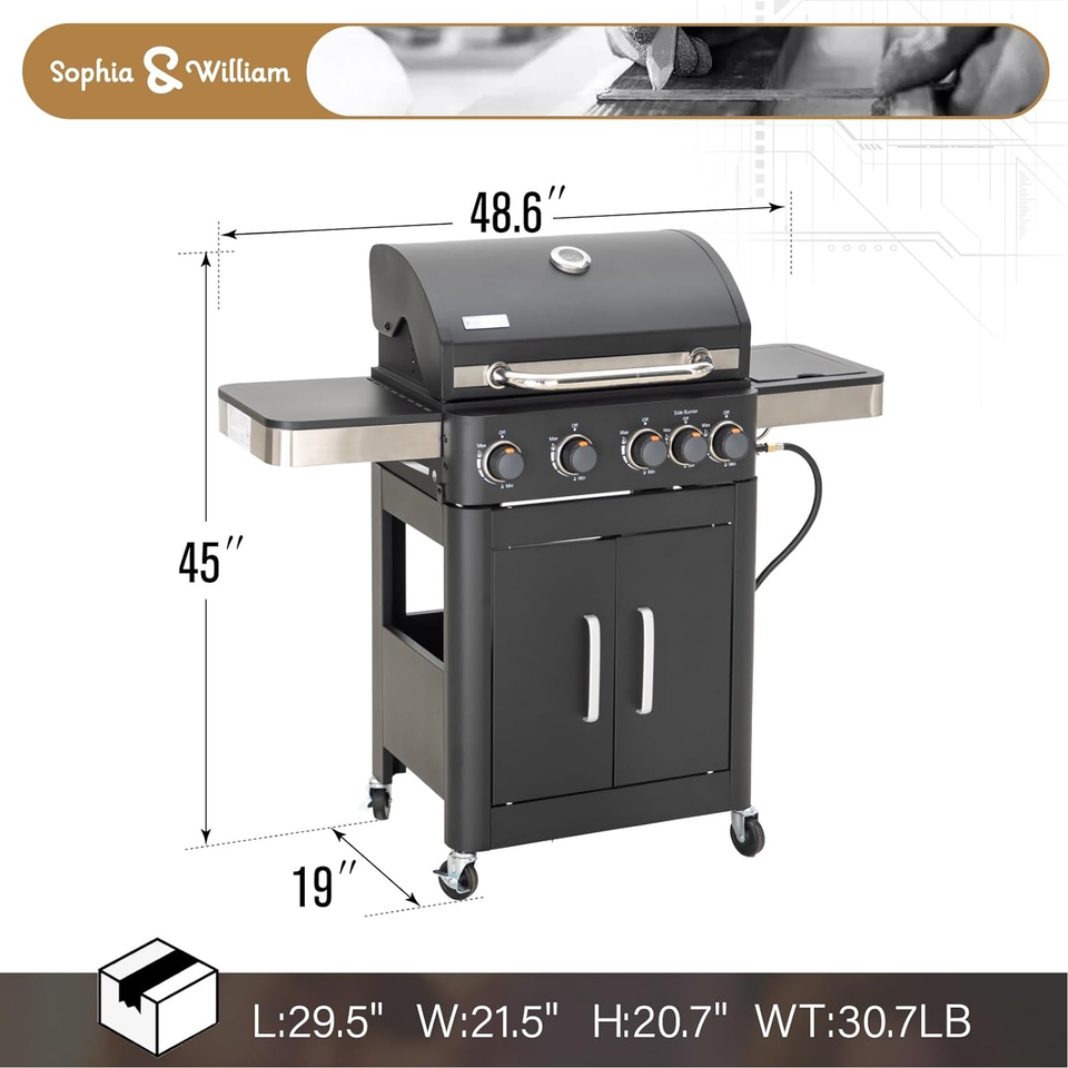 Sophia & William 4Burner Gas BBQ Grill with Side Burner & Porcelain