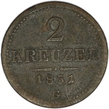 AUSTRIA coin 2 Kreuzer 1851 G Fine