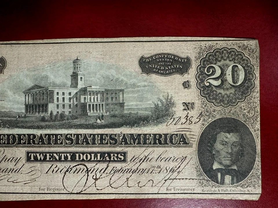 1864 Confederate States of America $20 Twenty Dollar Note Cut out of Register - Image 2 of 4