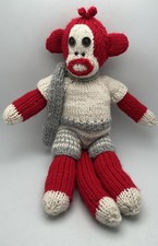 Vintage Red, White, Gray Handmade 15  Sock Monkey, Detailed Clothing, Scarf.