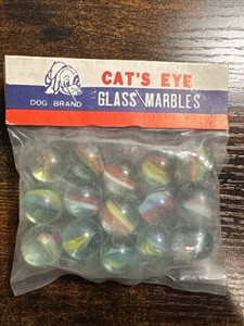 VINTAGE DOG BRAND CATS EYE 15 CT. GLASS MARBLES NOVELTY TOY KNICK KNACK TAIWAN