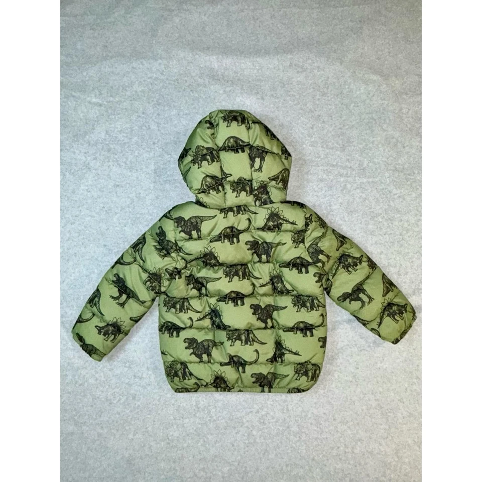 The Childrens Place Kids Puffer Jacket 4T Green Dinosaur Print Hooded Polyester - Image 4 of 4