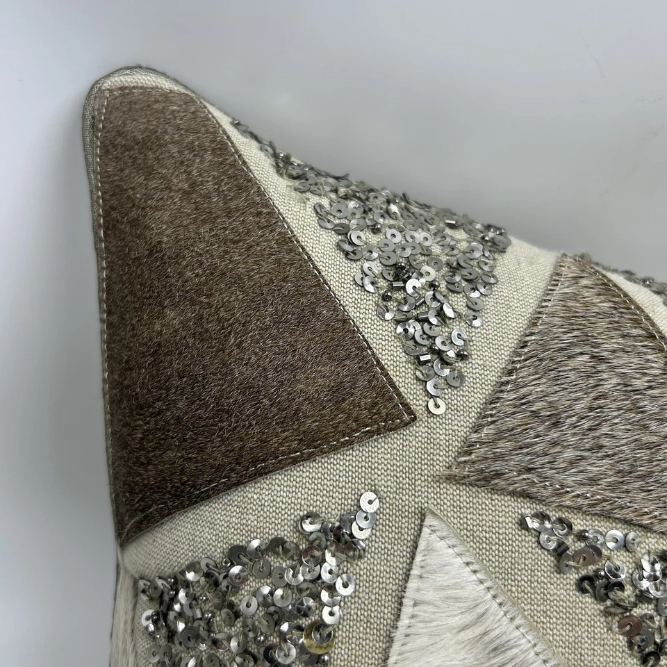Leather Natural Cow Hide Fur Accent Pillow Lumbar Down Fill Sequin Western - Image 4 of 4