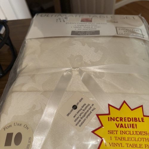 Ultimate Table Set 60x104 Ivory Tablecloth Vinyl Pad 10Napkins NEW