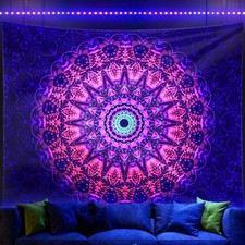 Boho Tapestry, Blacklight Mandala Decor, Glow Dark Wall Art, Purple