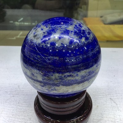 Big Striped Lapis Lazuli Sphere Wooden Base Wisdom Focus Spiritual Home Stone