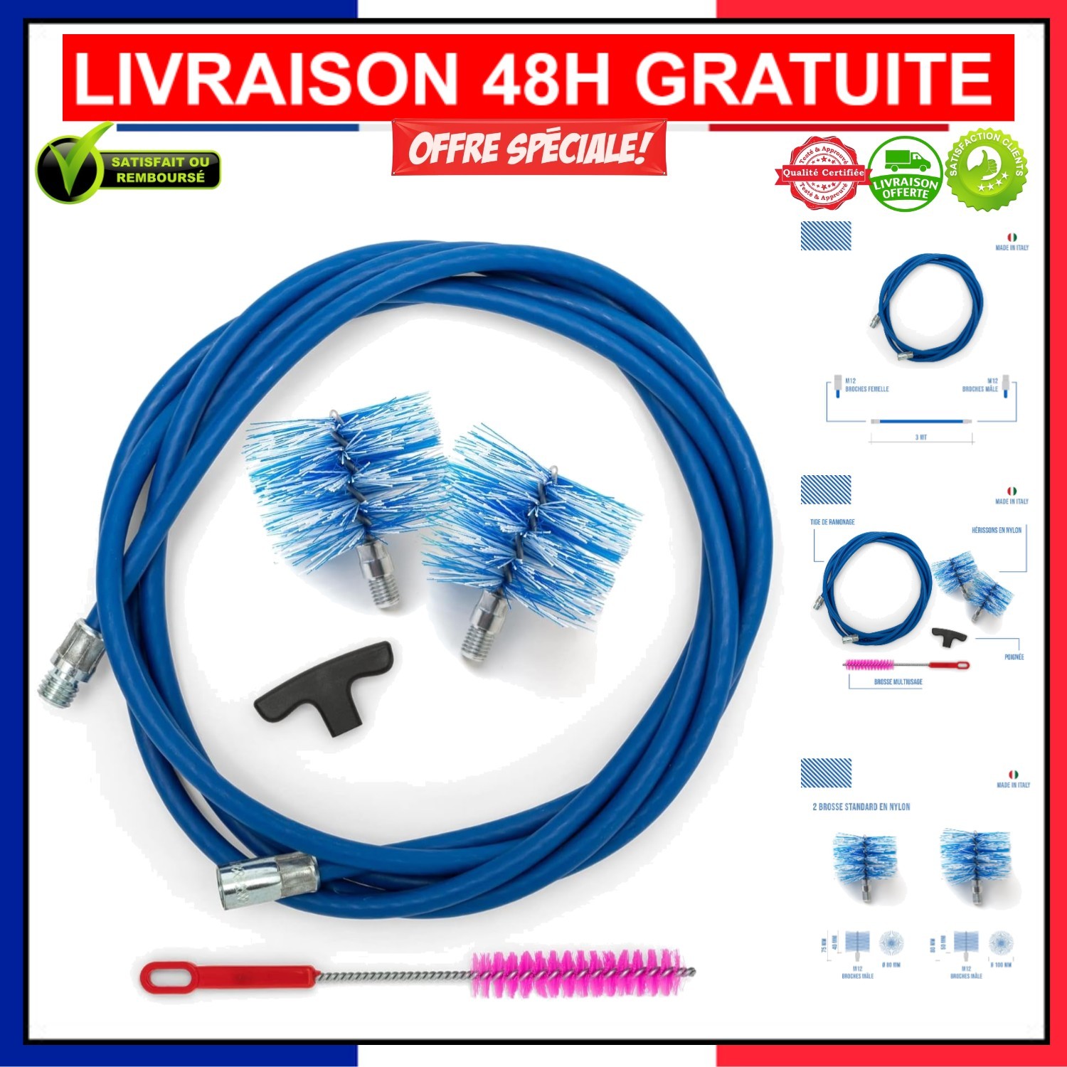 Nettoyage poêle à granulés kit 3m avec écouvillon nylon et brosse conduit
