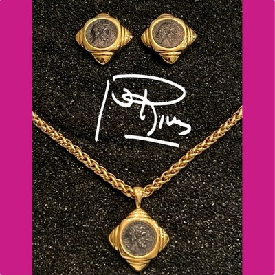 Joan Rivers Jewelry Vintage Intaglio Coin Pendant Necklace Byzantine Chain Set