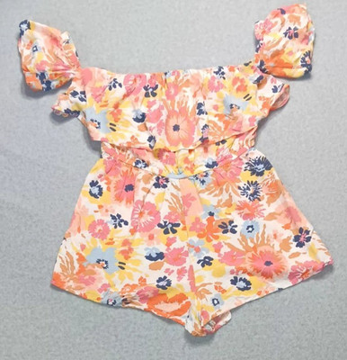 Roxy Off The Shoulder Romper Womens Medium Floral Ruffle Boho Summer Puff Sleeve