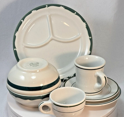 7 pc Mixed Lot Restaurant Ware Green Stripe Shenango Syracuse Buffalo China VTG