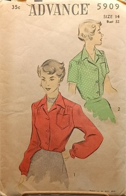 Vintage Advance 5909 Sewing Pattern Size 14 Bust 32 For Womens Blouse