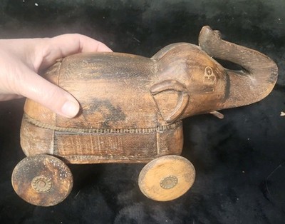 Vintage Wooden Elephant on Wheels Spice Box Secret Compartment Hand Carved