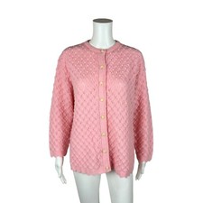 Vintage 60s Pink Cardigan Chunky Knit Acrylic Pointelle Sweater