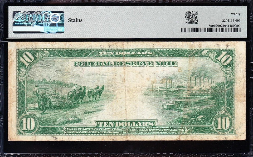 VERY NICE *RARE* VF graded 1914 $10 ST. LOUIS "RED SEAL" FRN Note! PMG 20! 3597A - Image 3 of 3