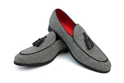 Men's Slip On Loafers Black Grey Houndstooth Plaid Dress Shoes